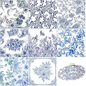 Crtiin 36 Pack 9 Styles Decoupage Napkins Blue Floral Chinoiserie Decor
