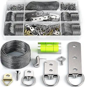 Picture Wire Hanging Kit 100+ Pieces - D-Ring, Screws, Hanging Hooks,Level. Supports up to 50 lbs 120+ Feet(38 M) Stainless Steel Wire Hanger | Comes with Solid Box