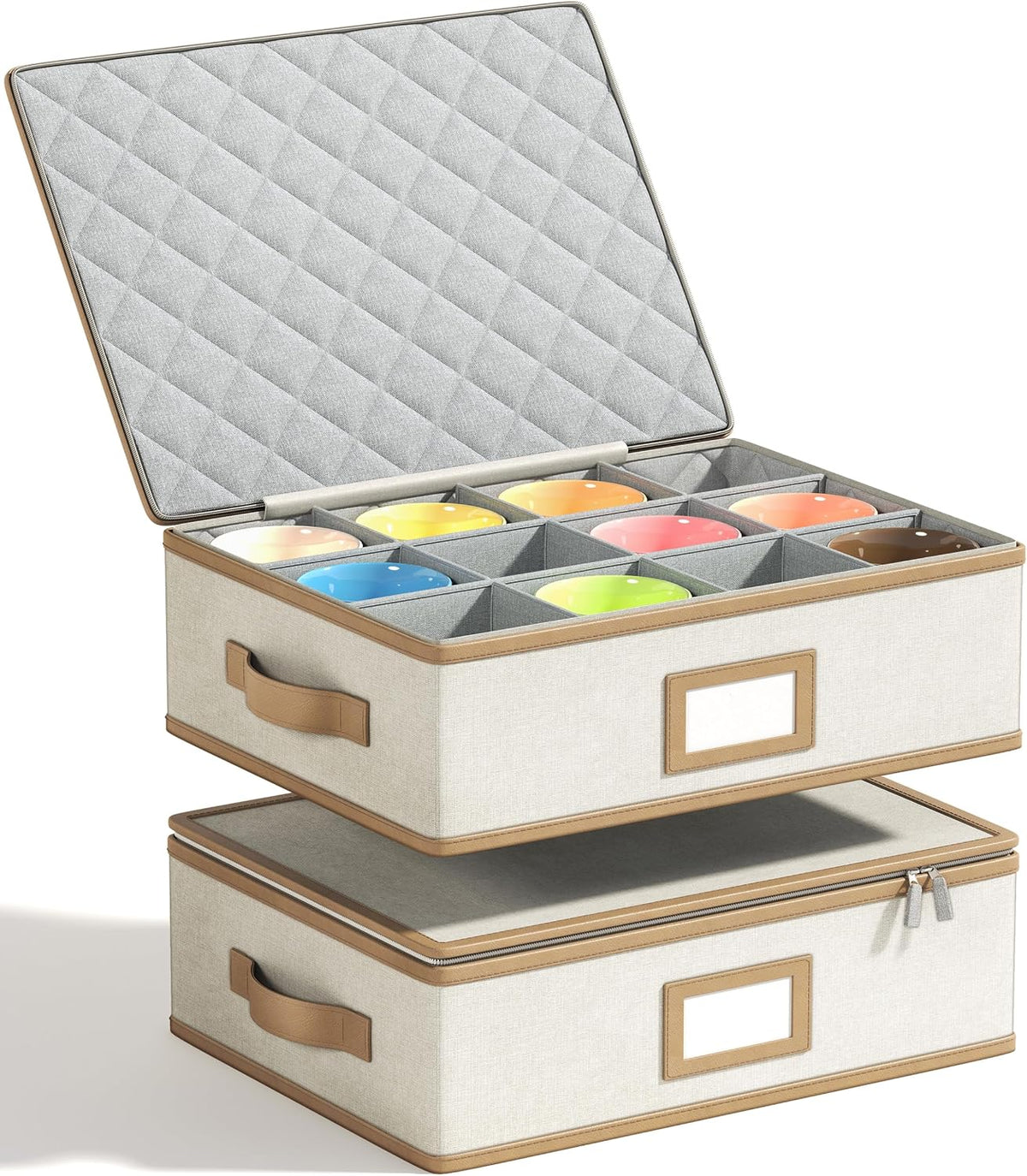 Mug Storage Box, Hard Shell China Organizer with Dividers, Beige, 2 Peice