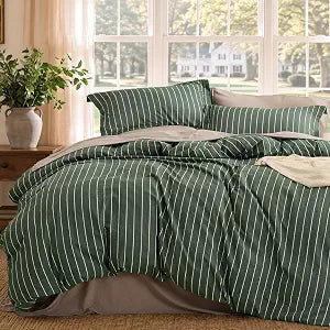 Bedsure Striped Duvet Cover Set Cotton-Like Bedding Queen Size, Olive Green