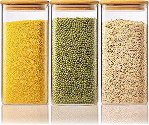 57 oz Square Glass Food Storage Containers with Airtight Bamboo Lids, 3Pack