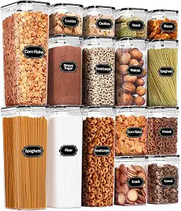 PRAKI Airtight Food Storage Containers Set, 16 Pcs BPA Free Plastic Dry Food Canisters for Kitchen Pantry Organization and Storage Ideal for Cereal, Flour & Sugar - Labels, Marker(Black)