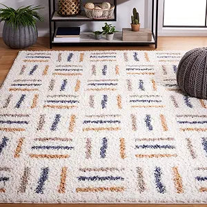 SAFAVIEH Calico Shag Collection Area Rug - 3' x 5', Ivory & Gold, Geometric Design, 1.6-inch Thick Ideal for High Traffic Areas in Living Room, Bedroom, Dining (CLC112A-3)