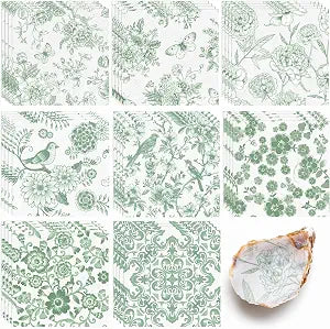 32 Pcs 8 Styles Decoupage Napkins, Sage Green Floral Paper Napkins Chinoiserie Decorative Cocktail Napkin Pretty Printed Cocktail Paper for DIY Crafting Furniture Decor Birthday Party Baby Shower