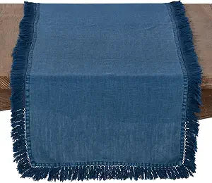 SARO LIFESTYLE 1688.NB1672B Refined Rustic Collection Linen Runner with Large Fringe Edges, 16" x 72", Navy Blue