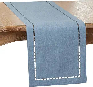 SARO LIFESTYLE Hadleigh Collection Laser-Cut Hemstitch Table Runner, 14" x 54", Denim