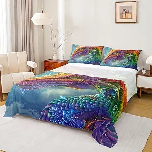 Castle Fairy Dragon Pattern Sheet Set,Kids Colorful Dragons Bed Sheets Set,3D Dragon Bedding Set for Boys Teens Sheets Soft Room Decor Twin Size(1 Flat Sheet+1 Fitted Sheet+1 Pillowcase)