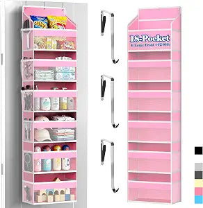 PAULONE 1 Pack Heavy Duty Over the Door Organizer, 6 Large + 12 Mesh Pockets with 89 lbs Capacity, Space-Saving Hanging Storage for Shoes, Toys, Bedroom & Closet (6-Layer Pink)