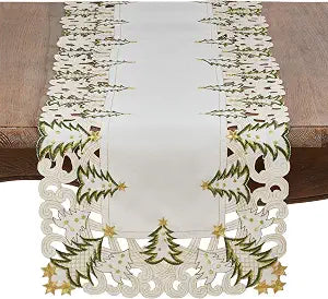 SARO LIFESTYLE QX227.I1690B Pandoro Collection Polyester Holiday Runner With Christmas Trees Design, 16" x 90", Ivory