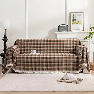 Plaid Couch Cover with Tassels, Washable 3-Seater Sectional Sofa Cover for Living Room (Brown, 69"x134")