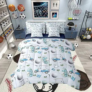 7 Pieces Twin Size Golf Comforter Set,Golf Club Cart Backpack Bedding Set for Boys Girls,Modern Leisure Sports Ball Games Fashion (Comforter+Fitted+Flat Sheet+2 Pillowcases+2 Throw Pillow Covers)