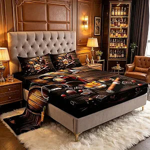 Manfei Whisky Bed Sheet Queen Set,Bar Wine Time Whisky Ice Glass Sheet Sets Adults Bedroom,Rustic Brown Wooden Plank Retro Farmhouse Bedding Set with Flat,Fitted Sheet,2 Pillows
