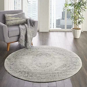 Nourison Home Tranquil Ivory/Grey 4' x Round Area Rug - Easy Clean, Non Shedding, Bed Room, Living Room, Dining Room, Kitchen (4' x Round)