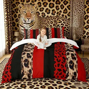Leopard Print Kids Duvet Cover Set King Size,Cheetah Skin Fashion Bedding Set,Girls Boys Adults Room Decor,Geometric Stripes Patchwork Comforter Cover,Red Black Brown Quilt Cover,2 Pillowcases
