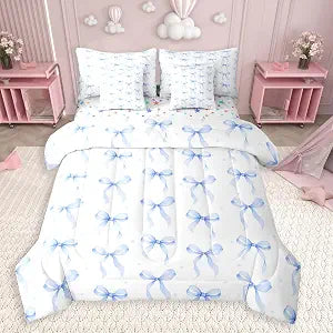 Feelyou Girls Blue Bow Comforter Set Full Size 7 Piece for Kids