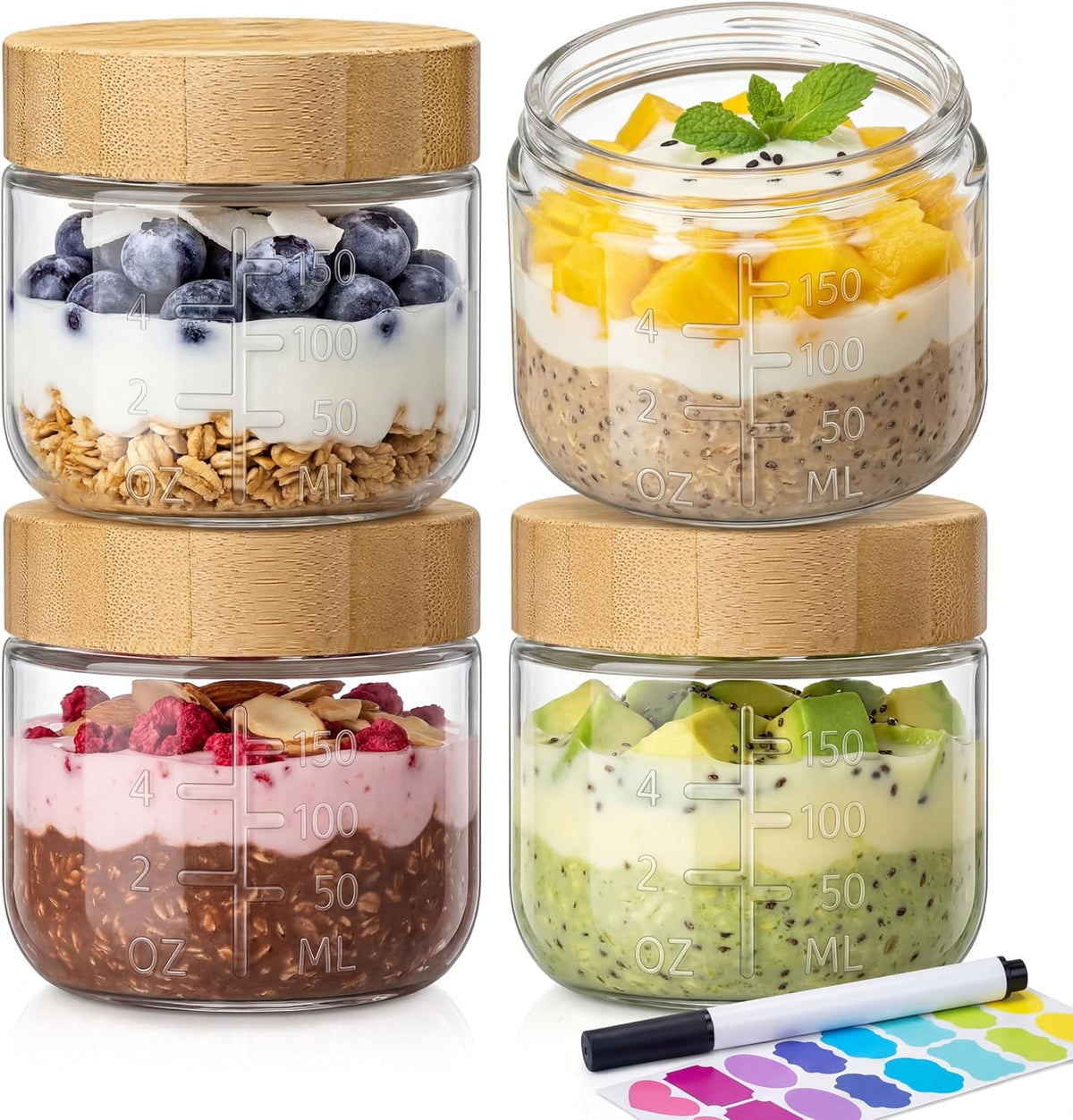 6 oz Small Glass Jars with Bamboo Lids, Overnight Oats Containers, 4 Pack