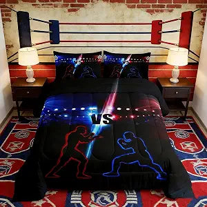 Manfei Wrestler Wrestling Comforter Set Queen Size, Young Men Sports Theme Down Comforter with 2 Pillowcases, Blue and Red Bedding Set 3pcs for Kids Boy Teen Room Decor Lightweight Duvet Insert