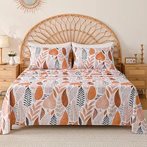Queen Size Bed Sheets Set Boho Floral Leaves Printed Deep Pocket Bedsheet