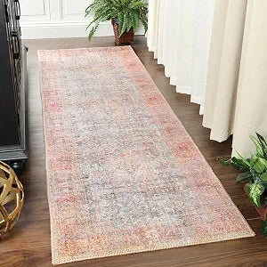 Superior Large Indoor Runner Rug, Modern Floor Decor, Living/Dining Room, Kitchen, Office, Entry, Distressed Floral, Geometric Medallion, Cotton Backing, Huda Collection, 2' 6" x 7' 6", Ruby Red