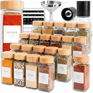 SAVVY & SORTED Glass Spice Jars with Label, 24PK Bamboo Jar Spices Set 4oz, 374 Spice Labels, Pepper Grinder, Empty Herb Seasoning Containers, Funnel and Shaker Lids