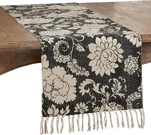 "SARO LIFESTYLE Posie Floral Design Fringed Table Runner, 16"" x 72"", Black" (6102.BK1672B)