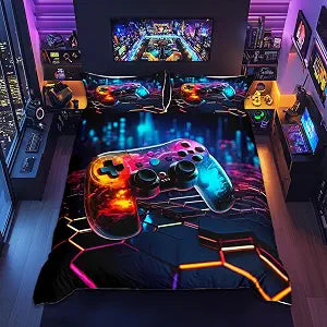 Video Games Duvet Cover Set Queen Size, Geometric Honeycomb Bedding Set 3pcs for Kids Boys Teens, Modern Gamer Gaming Comforter Cover Children Gamepad Quilt Cover with 2 Pillowcases,No Comforter