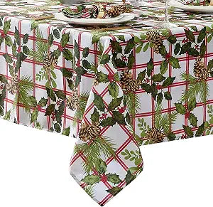 Elrene Home Fashions Pinecone Plaid Red/Green Holiday/Christmas Fabric Wrinkle Resistant Rectangle Dining Tablecloth, 60"x144"