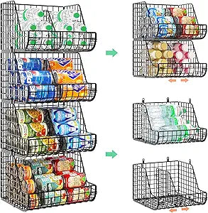 Stackable Soda Can Organizer Stores Up to 72 Cans, 4-Pack Can Storage Organizer for Pantry Shelves, 4-Tier Kitchen Can Holders with 4 Adjustable Dividers, Wire Drink Organizer for Pantry Cabinet Shelf