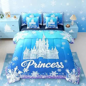 Feelyou Princess Castle Comforter Set with Sheets 7 Piece Twin Size Snowflake Castle Bedding Set for Kids Boys Girls Dreamy Fairy Bed in a Bag Frozen Room Decor Soft Microfiber