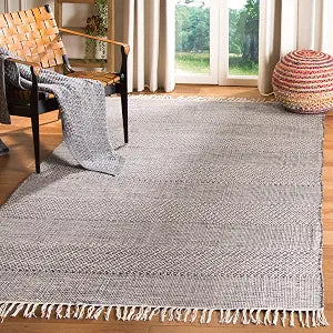 SAFAVIEH Montauk Collection Area Rug - 4' Square, Ivory & Anthracite, Handmade Flat Weave Boho Farmhouse Cotton Tassel Fringe, Ideal for High Traffic Areas in Living Room, Bedroom (MTK330N)