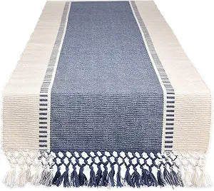 DII Dobby Stripe Table Runner, 13x72, French Blue & Cream Background