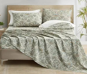 Chezmoi Collection Presley 4-Piece Paisley Cotton Sheet Set Queen - Elegant Teal Ivory Brown Paisley Floral Printed 100% Cotton Bed Sheets