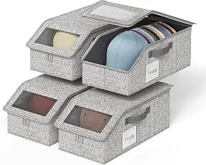 4 PCS Hat Organizer for Baseball Caps, Multi Functional Storage Box (Accommodates 48 Hats) with Visible Window and Zipper - Gray