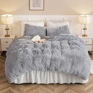 Dreamcountry Plush Fluffy Oeko-TEX Certified Luxury Ultra Soft Shaggy Crystal Velvet Bedding Comforter Set 3 Pieces(1 Duvet Cover + 2 Pillow Shams) Zipper Closure(King, Light Gray)