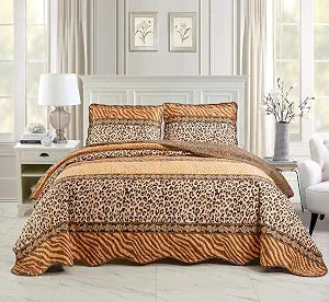 Masterplay 3-Piece Fine Animal Print Quilt Set, Bedspread Coverlet Full Size (Double) Bed Cover (Leopard Tiger Brown Black Stripe)