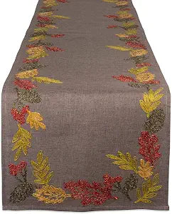 DII Fall Table Dcor Embroidered Tabletop for Thanksgiving Dining, Table Runner, 14x108, Shimmering Leaves