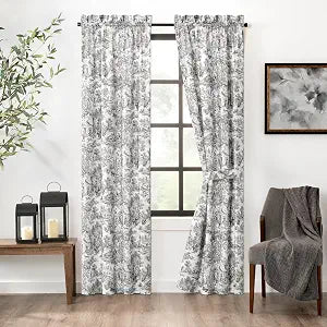 Victoria Park Toile 68-Inch-by-72 Inch Tailored Panel Pair with Tiebacks, Black