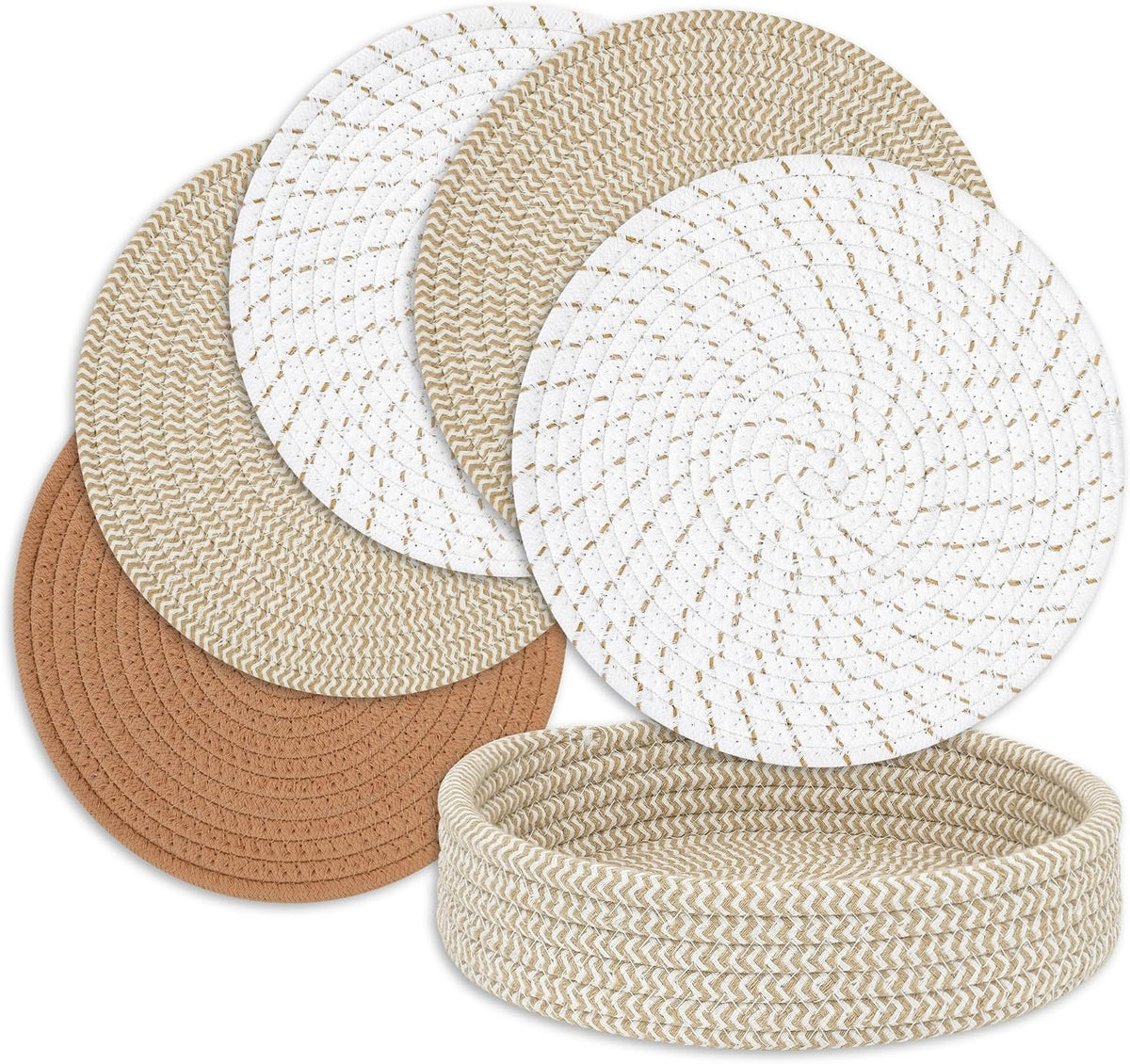Large Trivets for Hot Dishes, Pots and Pans, Hot Pads with Storage Basket, Pot Holders Heat Resistant Mats, Farmhouse Home Essentials Kitchen Decor 9 Inch (Mix Brown 5 Pcs)
