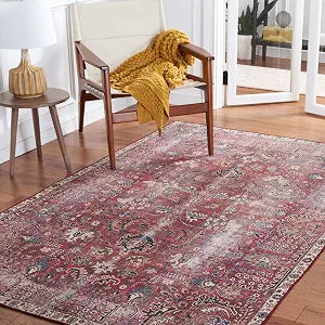 SAFAVIEH Washable Rug Tucson Collection - 3' x 5', Red & Beige, Slip Resistant & Easy to Clean, Ideal for Foyer, Entryway, Kitchen, Bedroom (TSN174Q)