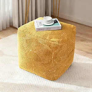 AELS Unstuffed Boho Textured Pouf Cover, Organic Modern Mid Century Rainbow Tufted Storage Bean Bag Cubes, Farmhouse Square Ottoman Pouf Foot Rest Footstool, 18"x18"x18", Cover ONLY, Mustard Yellow