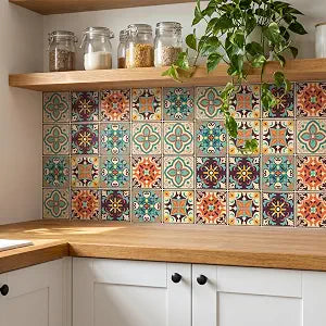 30Pcs Bohemian Style Tile self-Adhesive wall Sticker, Retro Style Wallpaper, Waterproof Living Room Kitchen Bedroom wall Sticker, Stair Decoration Sticker, 4x4 inches