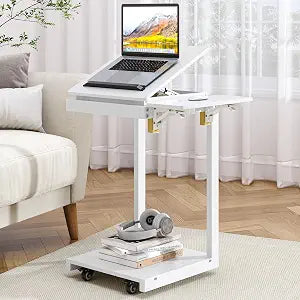 OtterOasis C Shaped End Table for Couch Rolling Side with Wheels White