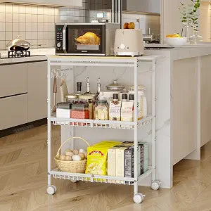 Microwave Kitchen Cart, White Kitchen Shelf with Push Handle, 3 Tier Rolling Microwave Table Stand with 2 Lockable Wheels for Bakers Rack, Kitchen Island, Small Coffee Station