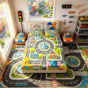 Manfei Season City Map Fitted Sheet Set Road Traffic System Bedding Set 2pcs Educational Cute Building Bed Sheet with 1 Pillowcases Kids Room Decor Soft Deep Pocket Bedding(No Flat) Twin Orange Green