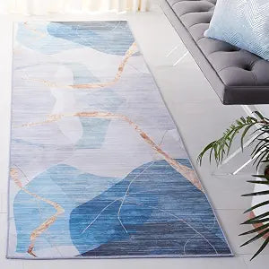 SAFAVIEH Washable Rug Tacoma Collection - 2'6" x 10' Runner, Blue & Gold, Slip Resistant & Easy to Clean, Ideal for Living Room, Bedroom, Dining Space (TAC836M)
