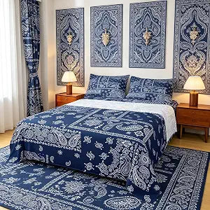 Boho Paisley Sheet Set King Size, Jacquard Paisley Flower Bedding Set, Navy Blue and White Floral Print Bed Sheet Set 4pcs with Deep Pocket Fitted, Flat and 2 Pillowcases, Teen Women Adult Room Decor