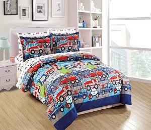 Mk Home Full Size Comforter Set for Boys Heroes on Call Firetruck Police Car Ambulance Red Blue White New