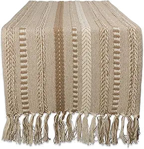 DII Braided Stripe Table Runner, 15x72 with 2.5" Fringe, Stone