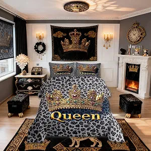 Leopard Kids Bedding Set Queen Size,Queen Crown Wild Animal Skin Comforter Set,Wildlife Modern Fashion Quilt Comforter,Gray Golden Bedroom Duvet Insert,2 Pillowcases