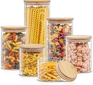 JoyJolt Borosilicate Glass Jars With Bamboo Lids. 6 Pc Set of Air Tight Sealable Containers. Food Jar Canisters with Airtight Lid for Pantry Storage and Kitchen Organization.